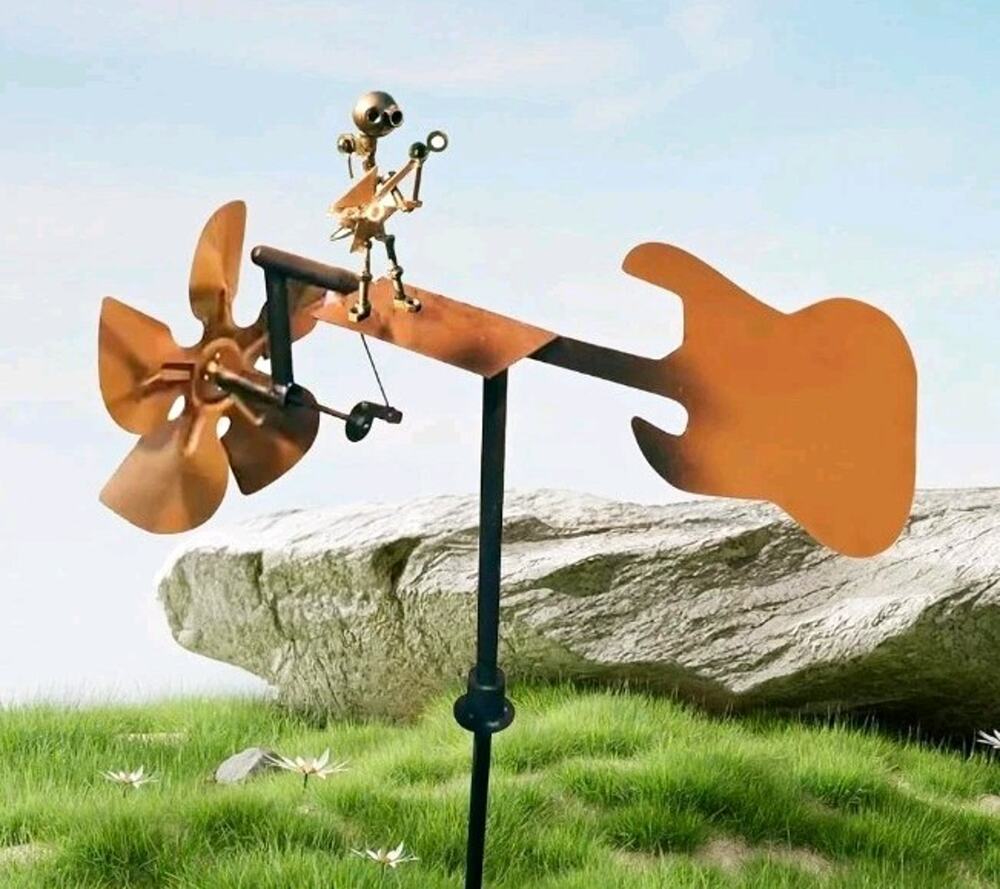Garden Rock Band Guitar Windmill Metal Wind Spinner Yard Art Copper New